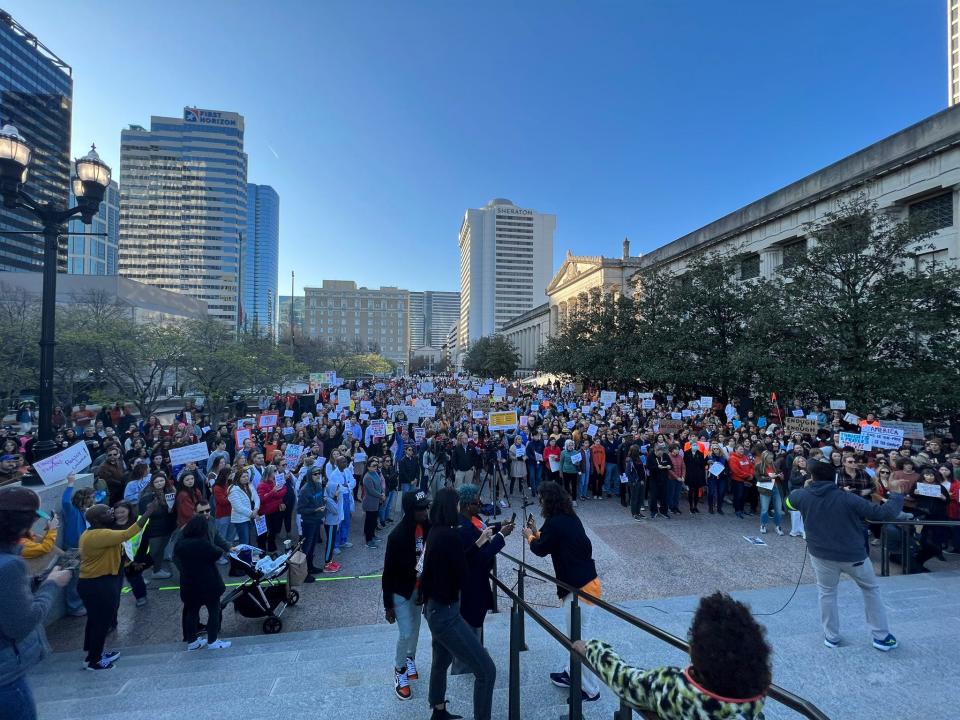 Protesters gathered at the Tennessee state Capitol on Thursday morning to push for stronger gun laws in the wake of a school shooting that left three children and three staff members dead in Nashville.