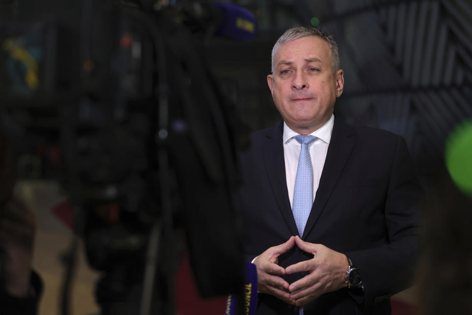 Czech Energy Minister Jozef Sikela speaks with the press prior to presiding a meeting of EU energy ministers at an extraordinary energy council in Brussels, Thursday, Nov. 24, 2022. (AP Photo/Olivier Matthys)