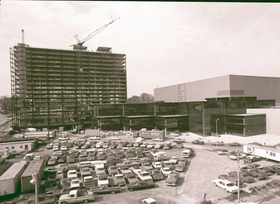 Work on the new Lexington Civic Cener and Hyatt Regency Hotel in downtown Lexington, October 3, 1976. In the foreground, what is now Triangle Park, was used as a parking lot for the construction workers.