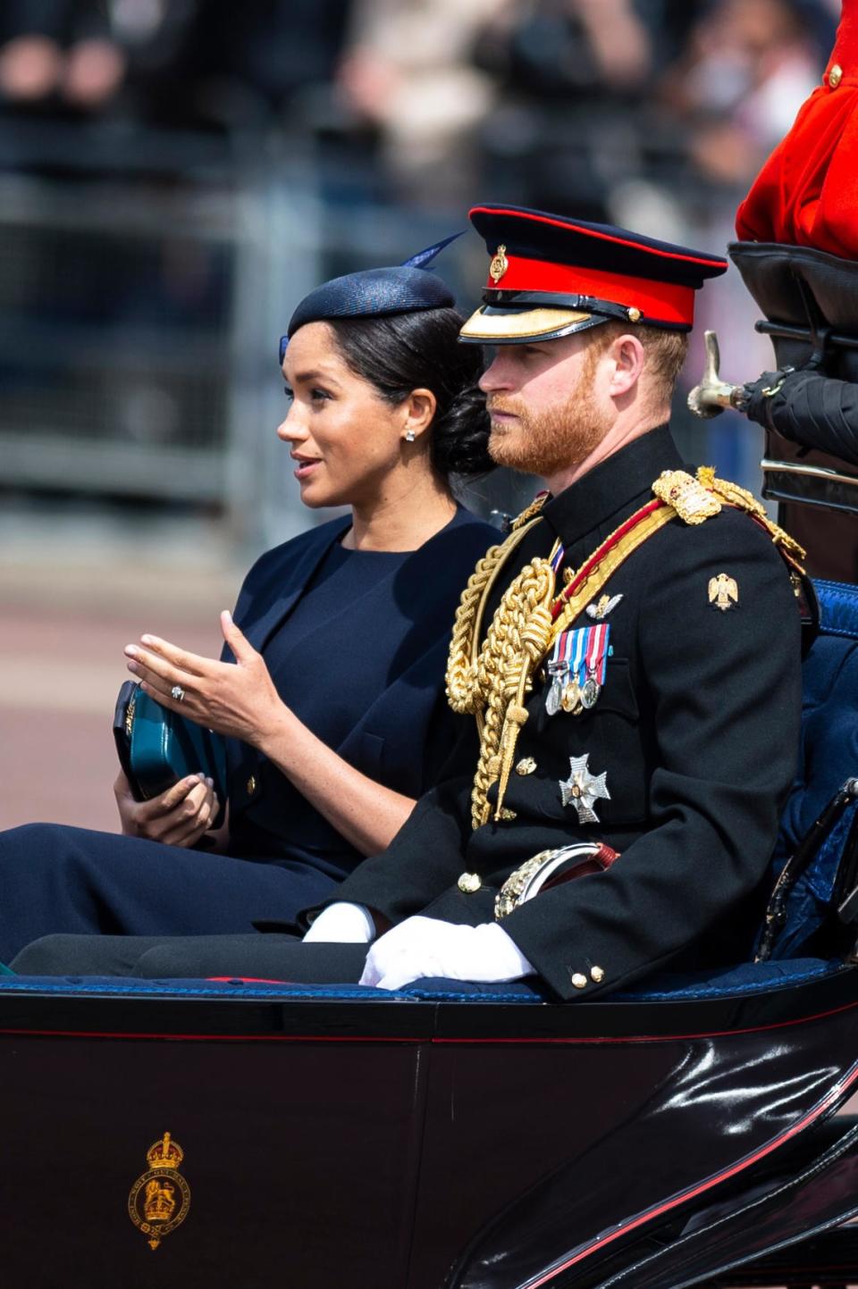 <h1 class="title">London, UK. 08 June 2019. Members of the Royal Family set off from Buckingham Palace to arrive at the Trooping the Colour ceremony. Her Majesty The Queen rode in a carriage alone, while The Duke and Duchess of Sussex shared a carriage with The Duchess of</h1><cite class="credit">Benjamin Wareing / Alamy Stock Photo</cite>