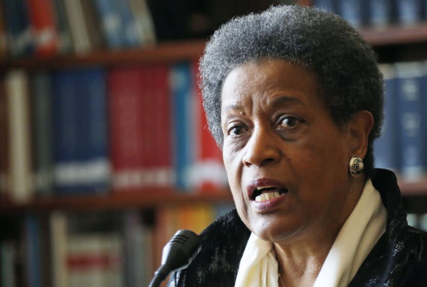 FILE - Civil rights activist Myrlie Evers-Williams, widow of NAACP leader Medgar Evers, speaks at the announcement of a $2.5 million donation to the Foundation for Mississippi History in Jackson, Miss., Friday, Jan. 9, 2015. In Aug. 2022, Alcorn State University announced it was naming its honors curriculum for Evers-Williams. (AP Photo/Rogelio V. Solis, File)