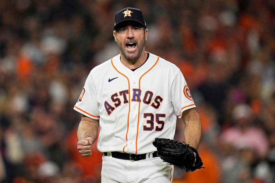 Justin Verlander during Game 1 of the American League Championship Series between the Houston Astros and New York Yankees, Wednesday, Oct. 19, 2022, in Houston. (AP Photo/Eric Gay)