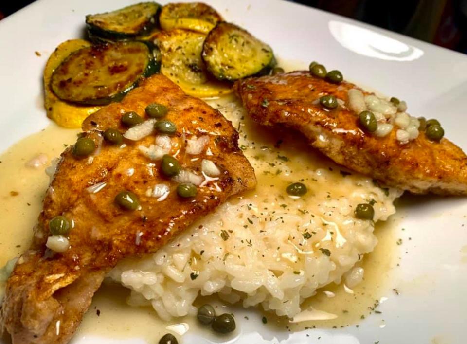 Flounder française over Parmesan risotto with a veggie medley. [Photo Courtesy Eric Kozen]