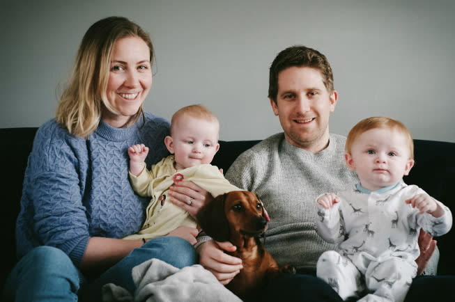 Nick was dying of a brain tumour but wanted his girls to have a birthday message from him every year, pictured with wife Victoria and twins Sophia and Rose. (Brain Tumour Research/SWNS)