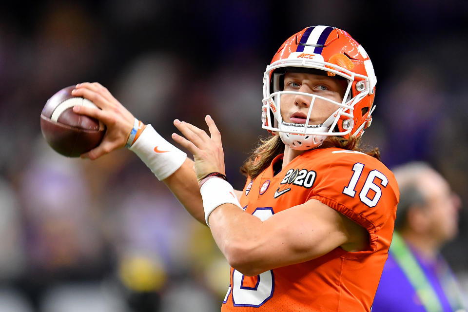 Clemson QB Trevor Lawrence warms up before the College Football Playoff title game against LSU on Jan. 13, 2020. (Alika Jenner/Getty Images)