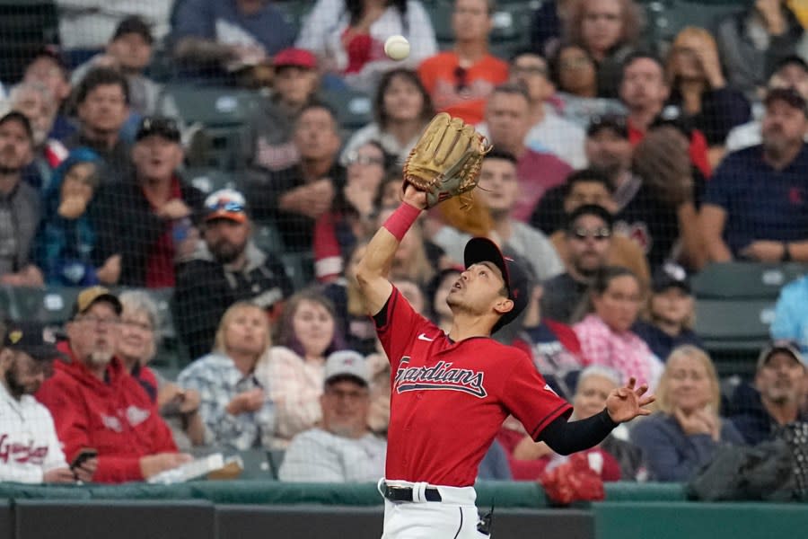 Cleveland Guardians left fielder Steven Kwan catches a fly ball hit for an out by Baltimore Orioles’ Ryan O’Hearn in the fifth inning of a baseball game Saturday, Sept. 23, 2023, in Cleveland. (AP Photo/Sue Ogrocki)