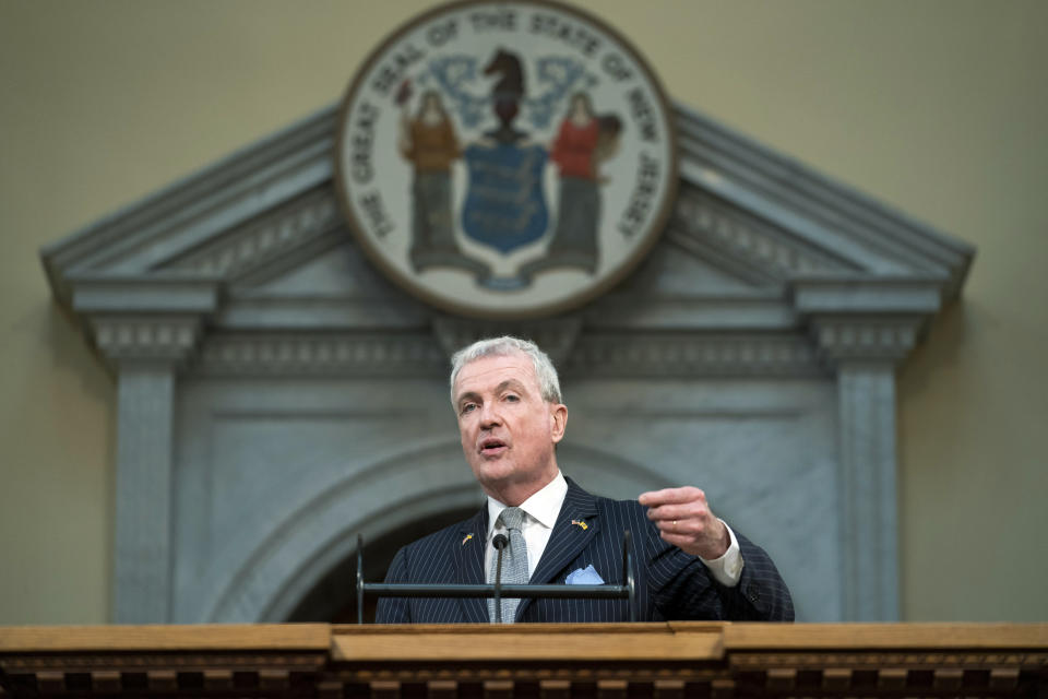 FILE - New Jersey Gov. Phil Murphy delivers his budget address to a joint session of the Legislature at the statehouse, in Trenton, N.J., Tuesday, Feb. 28, 2023. New Jersey wraps up voting Tuesday, Nov. 7, 2023, for a new Legislature, with all 120 seats on the ballot, as Republicans fight for controlling either chamber for the first time in more than two decades. (AP Photo/Matt Rourke, File)