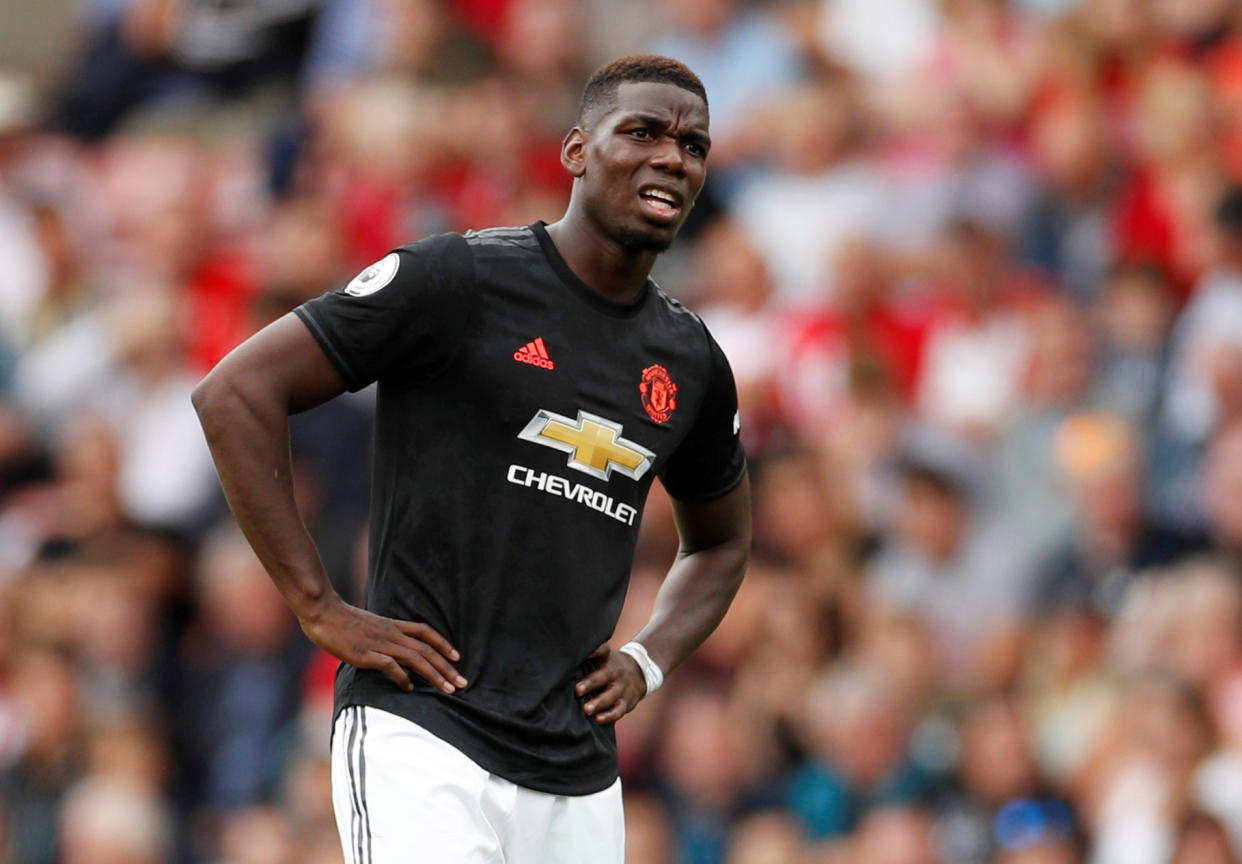 Soccer Football - Premier League - Southampton v Manchester United - St Mary's Stadium, Southampton, Britain - August 31, 2019  Manchester United's Paul Pogba reacts  Action Images via Reuters/John Sibley  EDITORIAL USE ONLY. No use with unauthorized audio, video, data, fixture lists, club/league logos or "live" services. Online in-match use limited to 75 images, no video emulation. No use in betting, games or single club/league/player publications.  Please contact your account representative for further details.