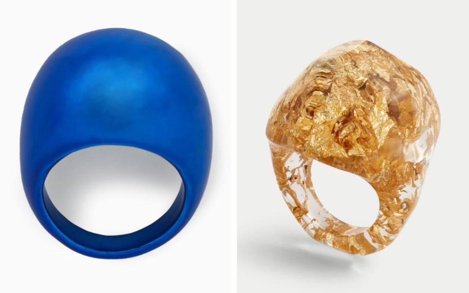 Chunky domed ring, £29, Cos Crushed gold resin ring, £40, Jigsaw