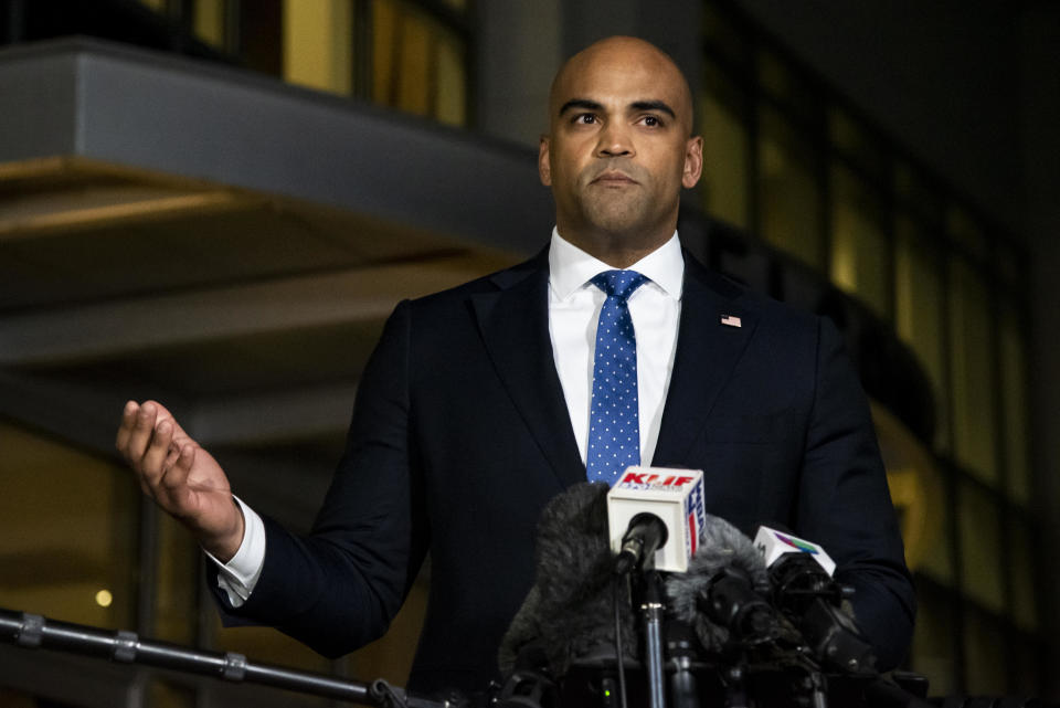 Rep. Colin Allred speaks  to reporters on Jan. 17, 2022, in Southlake, Texas.  / Credit: Emil Lippe / Getty Images