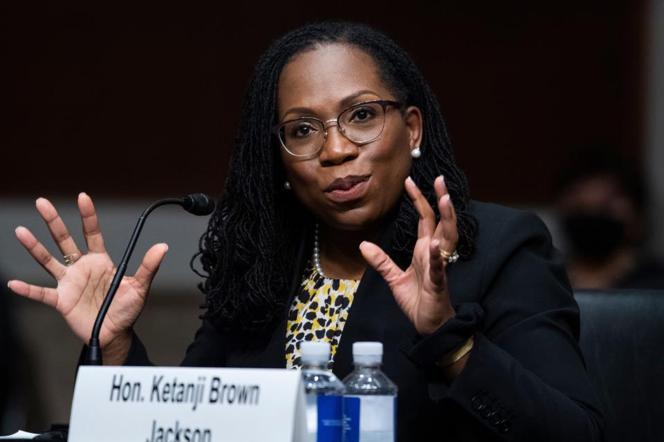 Ketanji Brown Jackson, then a nominee to be U.S. Circuit Judge for the District of Columbia Circuit, testifies during her Senate Judiciary Committee confirmation hearing in Dirksen Senate Office Building on April 28, 2021 in Washington, DC. Jackson now serves on the court and is considered a leading candidate to be President Joe Biden's first nominee for the U.S. Supreme Court. (Photo by Tom Williams-Pool/Getty Images)