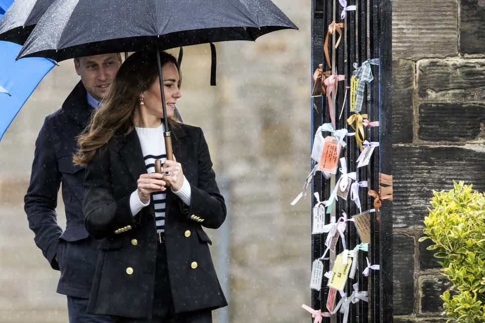 Britain's Catherine, Duchess of Cambridge and Britain's Prince William, Duke of Cambridge visit the University of St Andrews in St Andrews on May 26, 2021. (Photo by Andy Buchanan / POOL / AFP) (Photo by ANDY BUCHANAN/POOL/AFP via Getty Images)