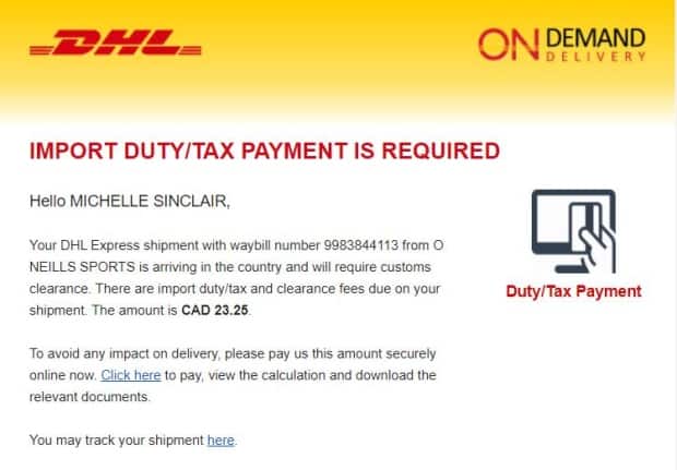 Sinclair says this email from DHL is misleading, because most of the $23.25 fee had nothing to do with duty or taxes — it was a 'processing fee' for the company.