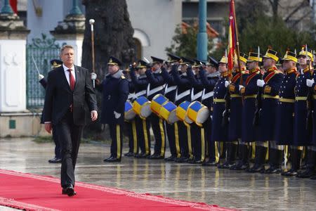 Romania's new President Klaus Iohannis walks in front of an honour guard during a take-over ceremony at Cotroceni presidential palace in Bucharest December 21, 2014. REUTERS/Bogdan Cristel