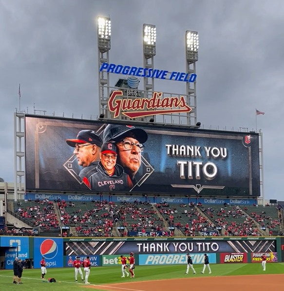 The Cleveland Guardians show a video tribute to longtime manager Terry Francona on Wednesday, Sept. 27, 2023, at Progressive Field in Cleveland, Ohio.