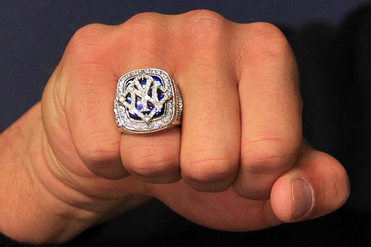 NEW YORK - APRIL 13: A detail of the World Series ring worn by Alex Rodriguez #13 of the New York Yankees is seen during a press conference after the Yankees home opener at Yankee Stadium on April 13, 2010 in the Bronx borough of New York City. (Photo by Chris McGrath/Getty Images)