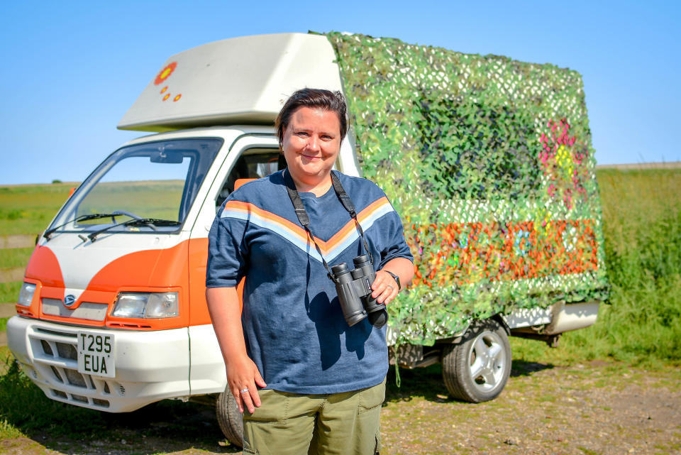 Susan Calman Grand Day Out SE 2 EP 1. Presenter Susan Calman at the Cley Marshes