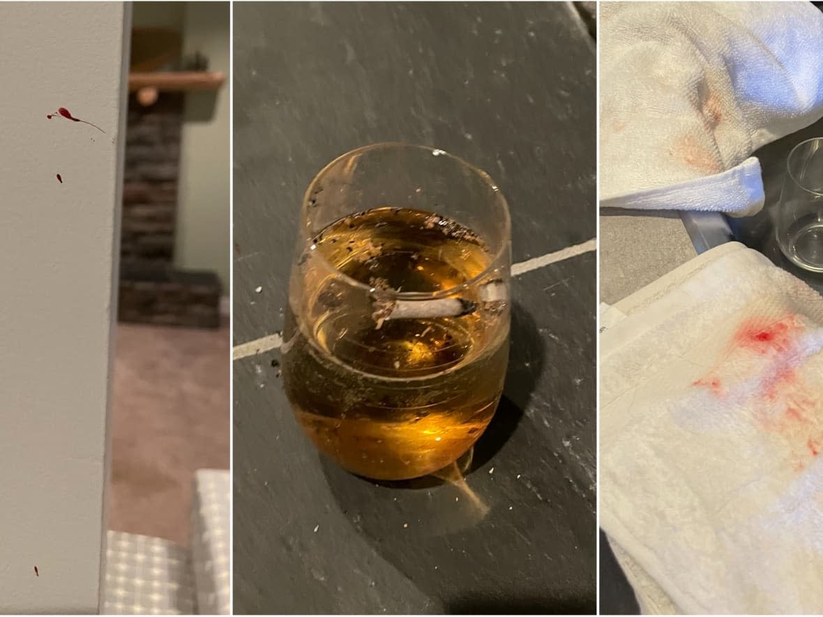Cigarette butts, damaged furniture, scattered clumps of hair and and blood everywhere — this is what Samantha Morahan found when the couple left her basement suite last weekend. (Submitted by Samantha Morahan - image credit)