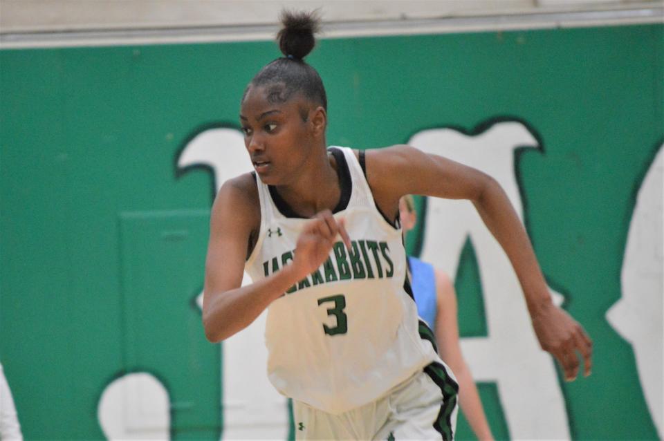 Victor Valley's Jewell Rencher runs downs the court in transition against Quartz Hill on Saturday, Feb. 12, 2022.