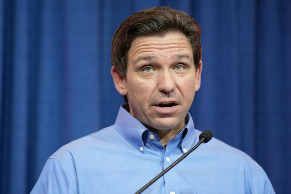 FILE - Florida Gov. Ron DeSantis speaks during a fundraising picnic for Rep. Randy Feenstra, R-Iowa, May 13, 2023, in Sioux Center, Iowa. DeSantis will announce his 2024 presidential campaign in a Twitter Spaces event with Elon Musk on Wednesday, May 24. (AP Photo/Charlie Neibergall, File)