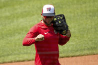 Washington Nationals' Anibal Sanchez holds up a fist to a staff member as the Washington Nationals hold their first training camp work out at Nationals Stadium, Friday, July 3, 2020, in Washington. (AP Photo/Andrew Harnik)