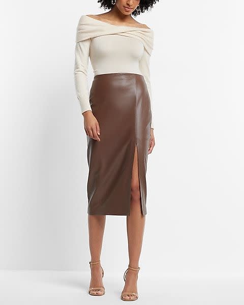 Faux Leather Column Midi Skirt