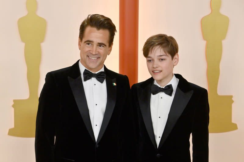 Colin Farrell (L) and Henry Tadeusz attend the Academy Awards in 2023. File Photo by Jim Ruymen/UPI