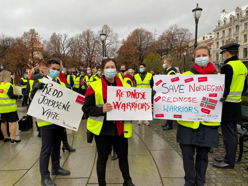 Norwegian Air crew staff demonstrate in front of the Norwegian Parliament in Oslo