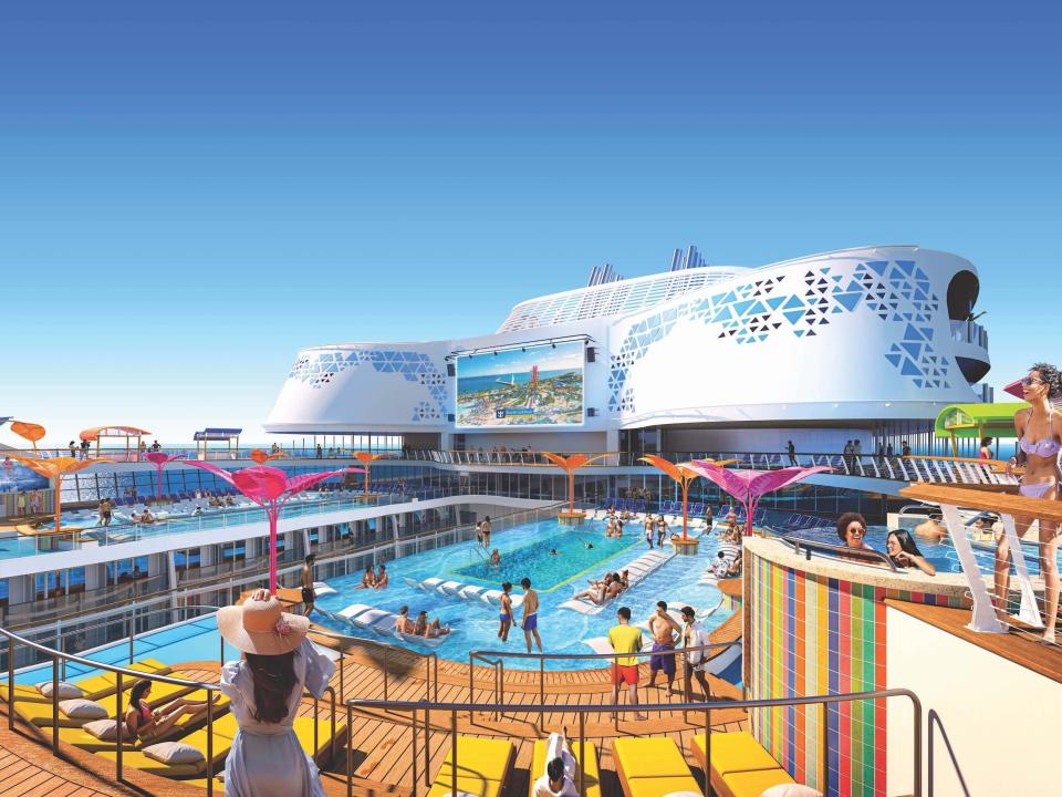 a rendering of people playing in and by the pool aboard the Wonder of the Seas