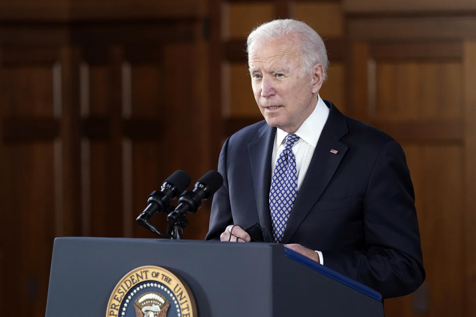 President Joe Biden speaks after meeting with leaders from Georgia's Asian-American and Pacific Islander community, Friday, March 19, 2021, at Emory University in Atlanta. (AP Photo/Patrick Semansky)