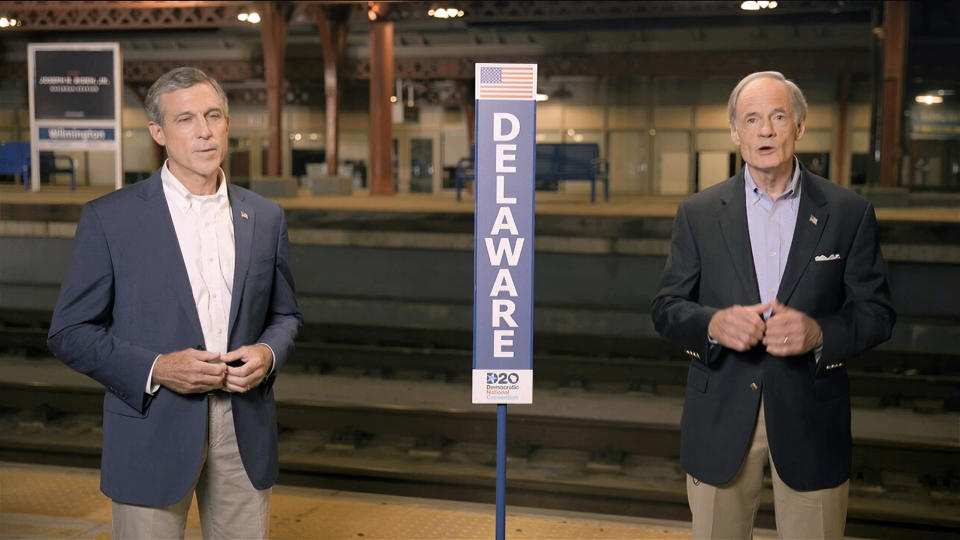 In this image from video, Delaware Gov. John Carney and Sen. Tom Carper, D-Del., speak during the state roll call vote on second night of the Democratic National Convention on Tuesday, Aug. 18, 2020. (Democratic National Convention via AP)