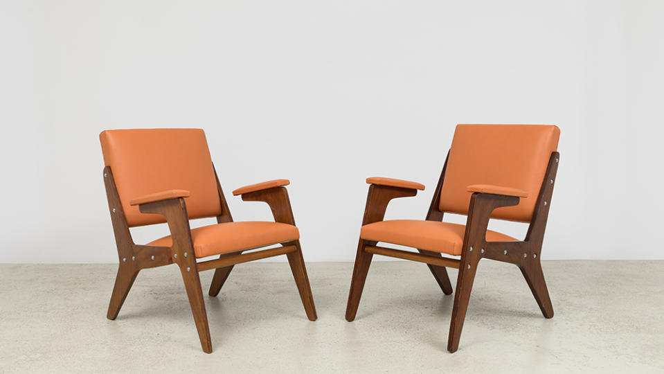 José Zanine Caldas Plywood and orange vinyl armchairs, 1950s 