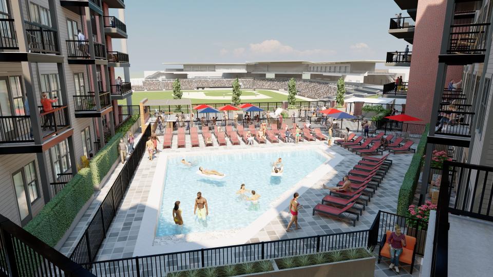 Renderings of Yardley Flats show the kind of views apartment residents will have of the downtown Knoxville stadium once it's built and the Tennessee Smokies begin playing there in 2025. Condos also are being planned for the under-construction Beauford Delaney Building as part of the stadium development.