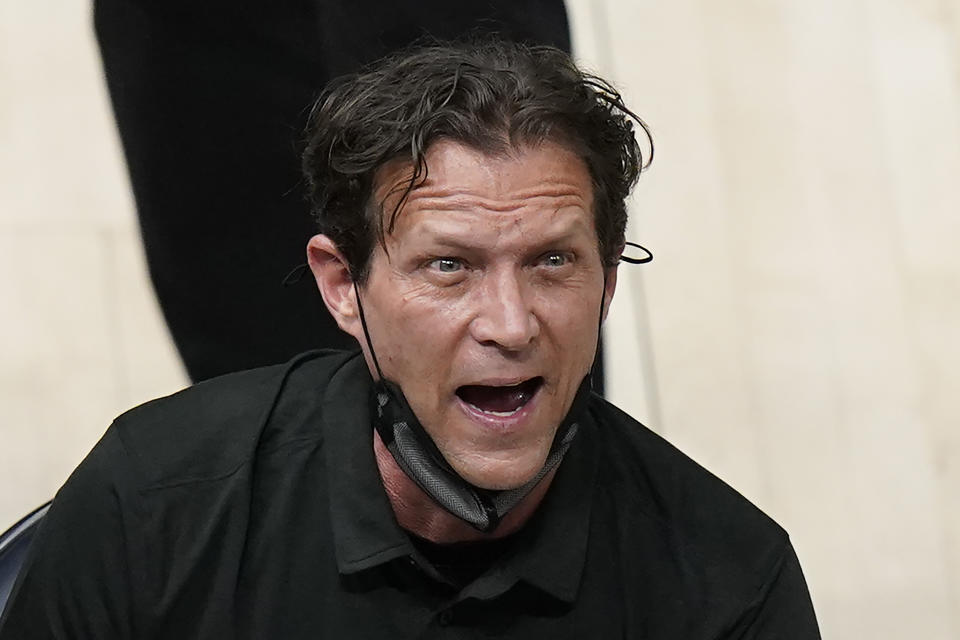 Utah Jazz coach Quin Snyder talks with players during a timeout in the first half of an NBA basketball game against the Denver Nuggets on Friday, May 7, 2021, in Salt Lake City. (AP Photo/Rick Bowmer)