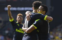 Football Soccer Britain - Watford v Arsenal - Premier League - Vicarage Road - 27/8/16 Arsenal's Mesut Ozil celebrates scoring their third goal with Alexis Sanchez Reuters / Hannah McKay Livepic EDITORIAL USE ONLY. No use with unauthorized audio, video, data, fixture lists, club/league logos or "live" services. Online in-match use limited to 45 images, no video emulation. No use in betting, games or single club/league/player publications. Please contact your account representative for further details.