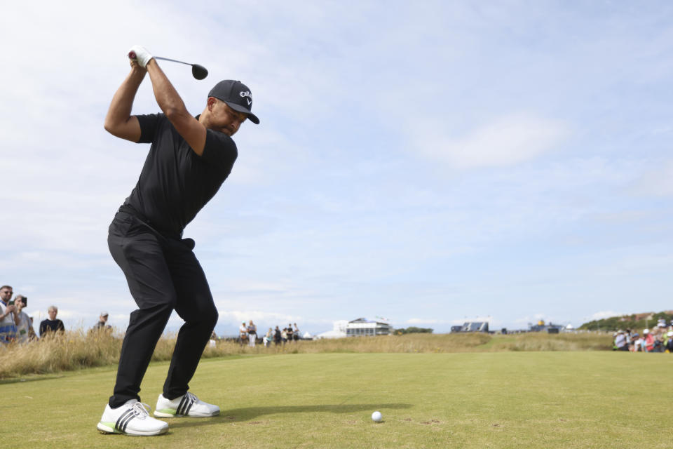 Xander Schauffele of the United States tees off from the16th hole during a practice round for the British Open Golf Championships at Royal Troon golf club in Troon, Scotland, Monday, July 15, 2024. (AP Photo/Peter Morrison)