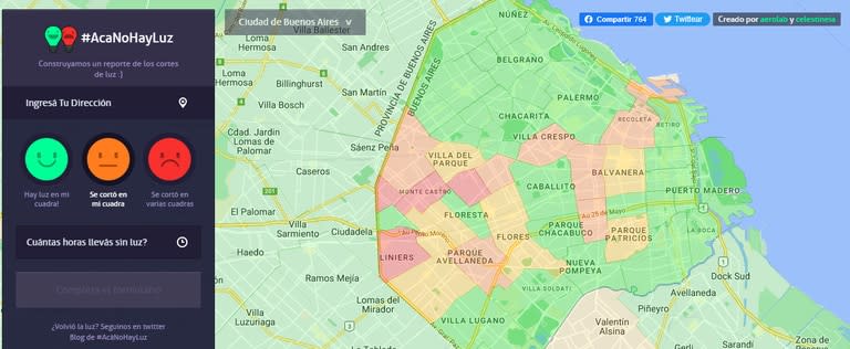 A través de una página que se denomina “acá no hay luz”, algunas familias informan sobre el estado del servicio de energía en sus domicilios