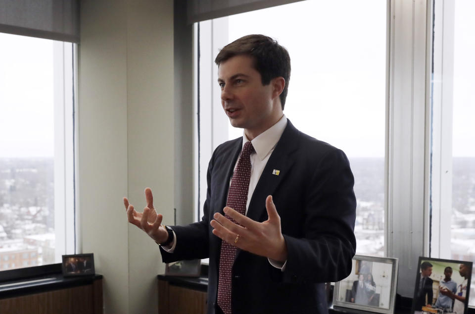 Mayor Pete Buttigieg talks with an AP reporter at his office in South Bend, Ind., Thursday, Jan. 10, 2019. Few people know Pete Buttigieg's name outside the Indiana town where he's mayor, but none of that has deterred him from contemplating a 2020 Democratic presidential bid. He's among the potential candidates who believe 2016 and 2018 showed voters are looking for fresh faces. (AP Photo/Nam Y. Huh)