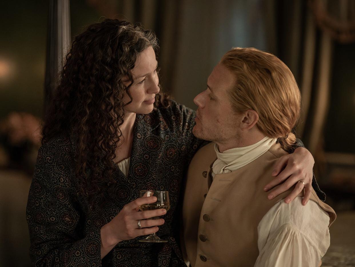 Jamie (Sam Heughan) and Claire (Caitríona Balfe) in "Outlander" season seven, part two.