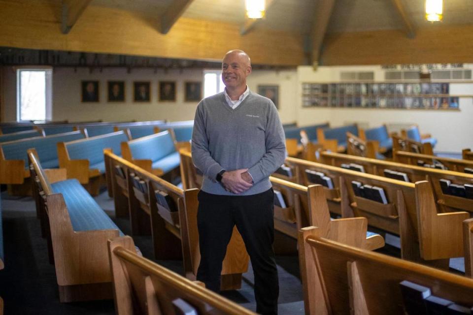 Larry A. Gritton, Jr., Oneida Baptist Institute president, is photographed in the Davidson Chapel on the school’s campus in Oneida, Ky., on Wednesday, Nov. 22, 2023.