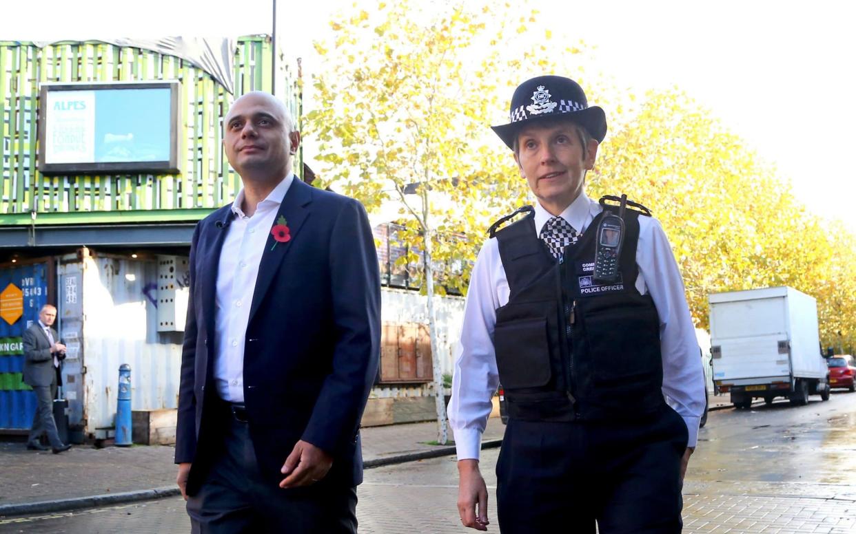 Home Secretary Sajid Javid and Metropolitan Police Commissioner Cressida Dick during a visit to Brixton, south London - PA