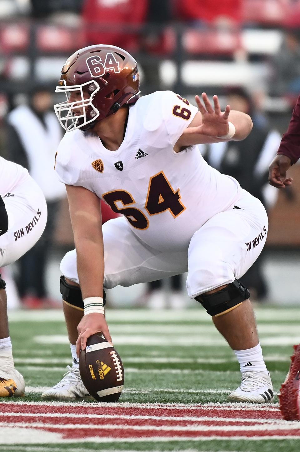 Nov 12, 2022; Pullman, Washington, USA; Arizona State Sun Devils offensive lineman Ben Bray (64) lines up for a play against the Washington State Cougars in the second half at Gesa Field at Martin Stadium.