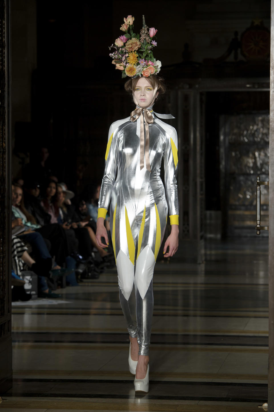 A model wears a design created by Pam Hogg during London Fashion Week Spring/Summer 2014, at the Freemasons' Hall in central London, Monday, Sept. 16, 2013. (Photo by Jonathan Short/Invision/AP)
