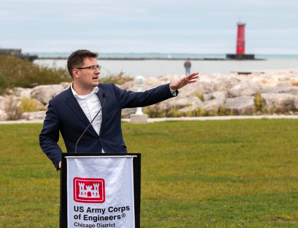 FILE - Sheboygan Mayor Ryan Sorenson speaks during a ribbon-cutting for the rebuilt South Pier in October 2023.