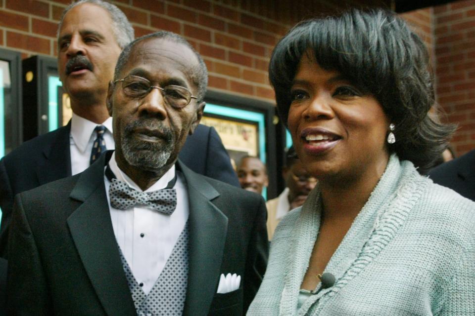 NASHVILLE, TN - MAY 2: Dr. Barbara Winfrey (L to R), Stedman Graham, Vernon Winfrey and daughter Oprah Winfrey arrive at the opening of Charlie's War at the Nashville Film Festival at the Green Hills Regal Cinema May 2, 2003 in Nashville Tennessee. (Photo by Adriane Jaeckle/ Getty Images)