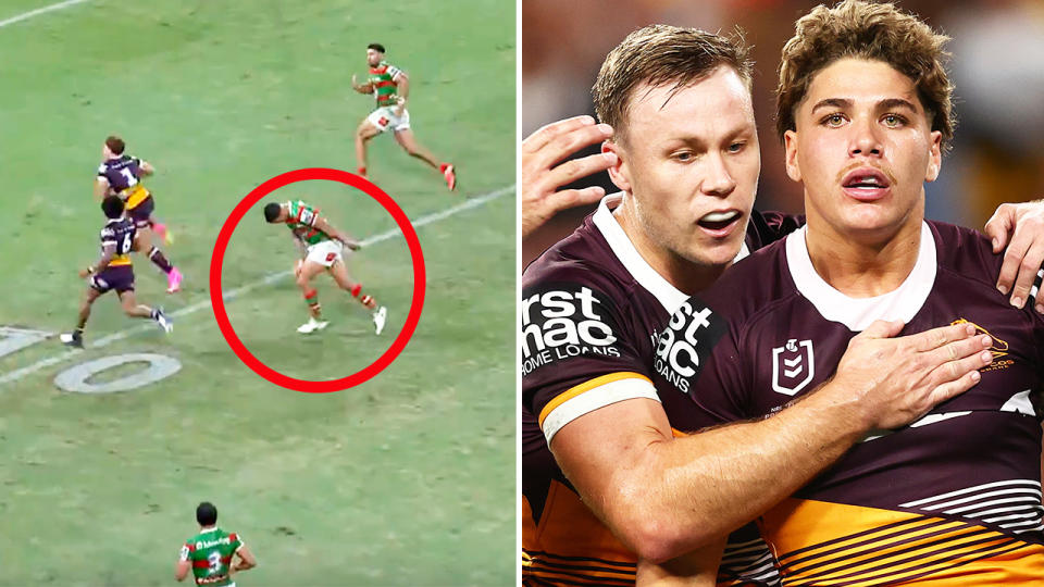 Latrell Mitchell and Reece Walsh during the Broncos' win over the Rabbitohs.