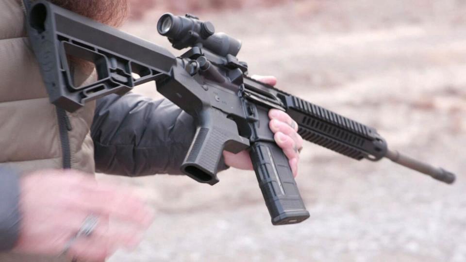 PHOTO: A bump stock attached to an AR-15 rifle harnesses the recoil power of a shot to help a shooter fire more rapidly and accurately.  (ABC News)