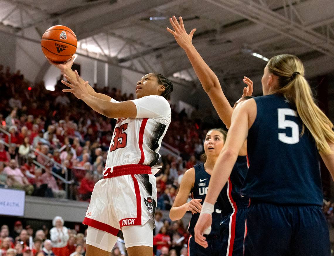 N.C. State’s Zoe Brooks drives to the basket during the first half of the Wolfpack’s game against UConn on Sunday, Nov. 12, 2023, at Reynolds Coliseum in Raleigh, N.C. Kaitlin McKeown/kmckeown@newsobserver.com