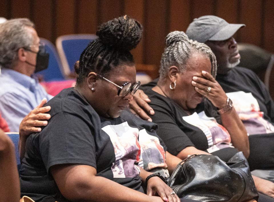 The family of Jarrell Garris console each other as they listen to New Rochelle residents speak out against the police shooting of Garris during a New Rochelle City Council meeting July 11, 2023. Garris died one week after being shot by police who tried to arrest him after he was accused of stealing food from a local market. 