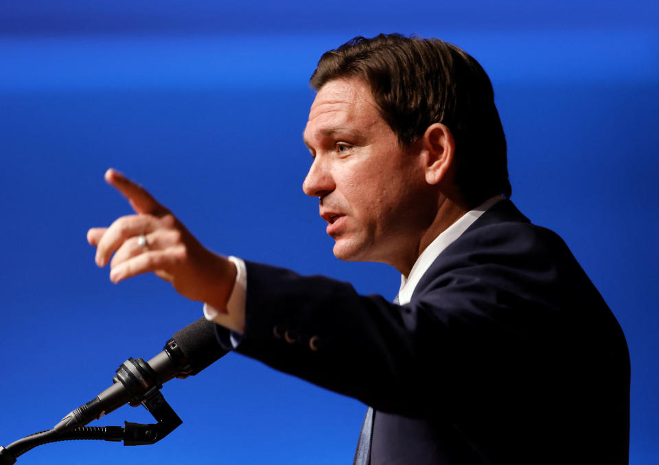 Florida Governor and Republican presidential candidate Ron DeSantis speaks at the North Carolina Republican Party convention in Greensboro, North Carolina, U.S. June 9, 2023.  REUTERS/Jonathan Drake